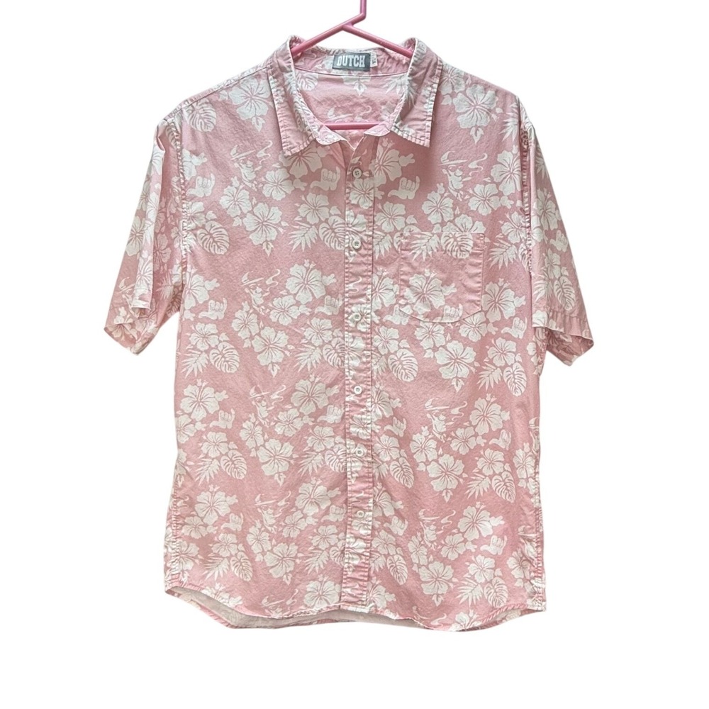 Dutch Mafia Line Hawaiian Shirt XL Pink Shaka‎ Tropical Coffee Floral Cotton